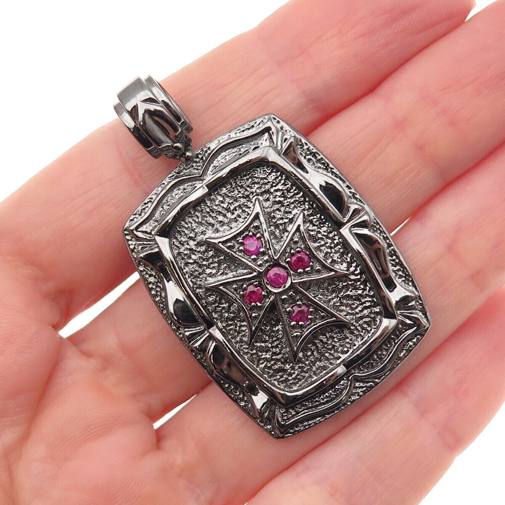 Jolusa 925 Sterling Silver Black Rhodium Real Ruby Maltese Cross Pendant